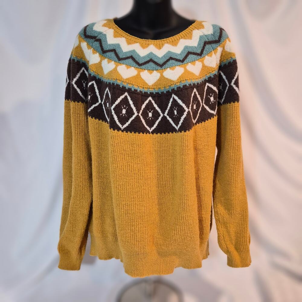 Boho Fair Isle Geometric Knit Crewneck Pullover Sweater Yellow Size S